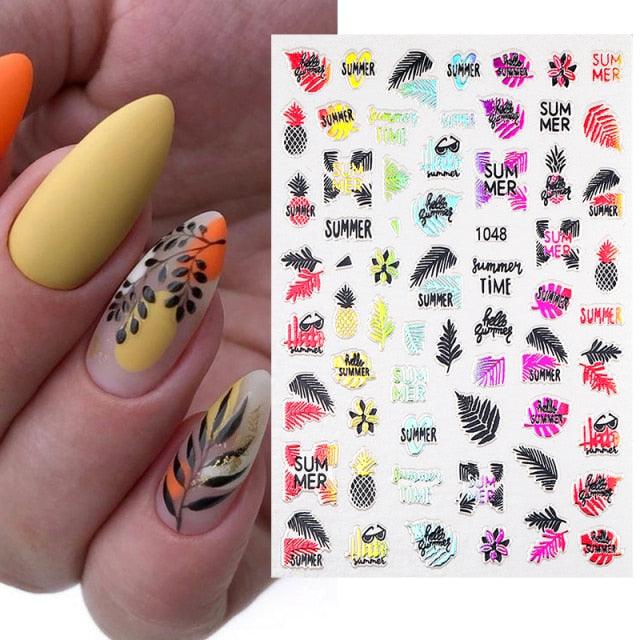 Summer Tropical Beach Coconut Tree Slippers 3D Nail Sticker Leaves Shell Transfer Decals Slider Decoration Manicures Tip Water Transfer Nail Decals Sticker For Pretty Girl Self-Adhesive Nail Decals Designer Nail Stickers for Acrylic