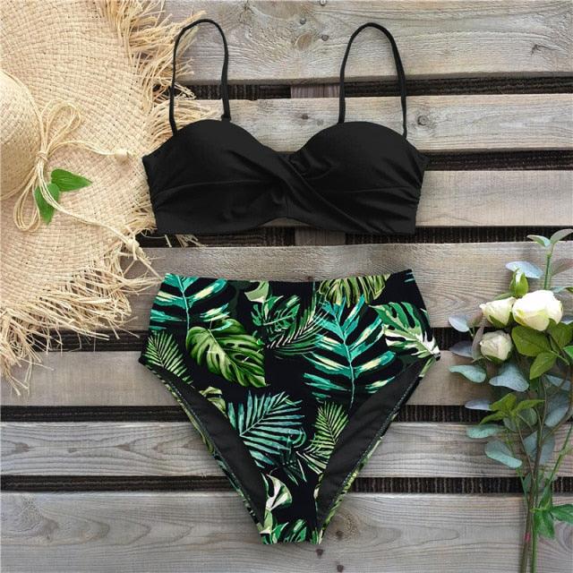 High Waist Bikini Set Women Bikini Flower Swimwear Women High Waist Bikini Halter Two Piece Bathing Suits Tummy Control Swimsuit Push Up Swimwear Vintage Halter Neck Swimsuit Female Green Bathing Suit