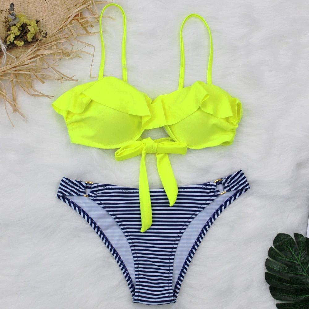 Female Two Piece Swimsuit Low Waist Bikini Floral Printing Swimwear Push Up Bathing Suit Detachable Padded Push Up Striped Bikini Set Two Piece Swimsuit Ladies Vintage Lace Bikini Sets Beach Swimwear