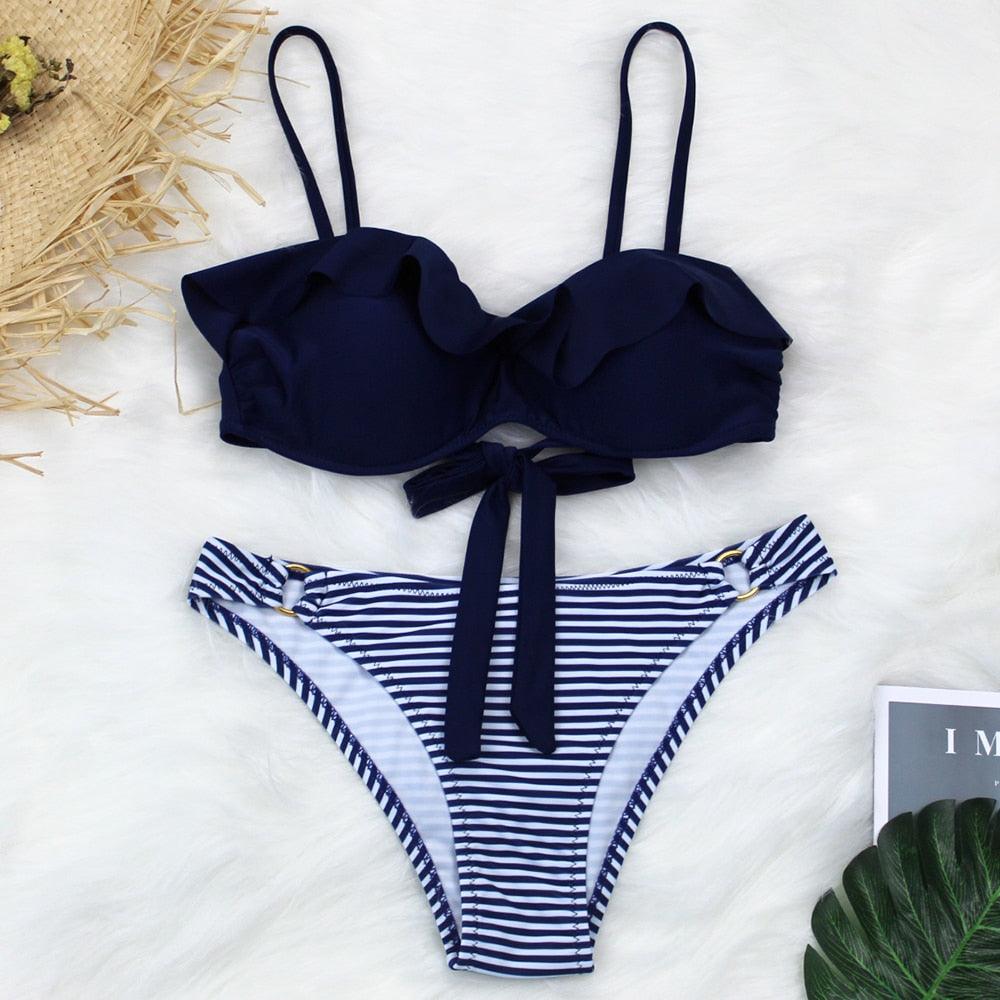 Female Two Piece Swimsuit Low Waist Bikini Floral Printing Swimwear Push Up Bathing Suit Detachable Padded Push Up Striped Bikini Set Two Piece Swimsuit Ladies Vintage Lace Bikini Sets Beach Swimwear