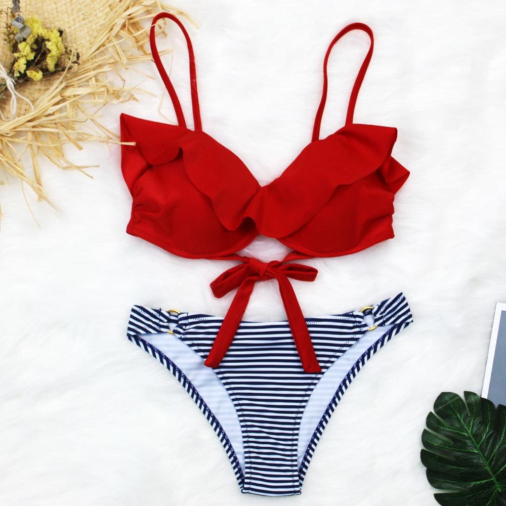 Female Two Piece Swimsuit Low Waist Bikini Floral Printing Swimwear Push Up Bathing Suit Detachable Padded Push Up Striped Bikini Set Two Piece Swimsuit Ladies Vintage Lace Bikini Sets Beach Swimwear