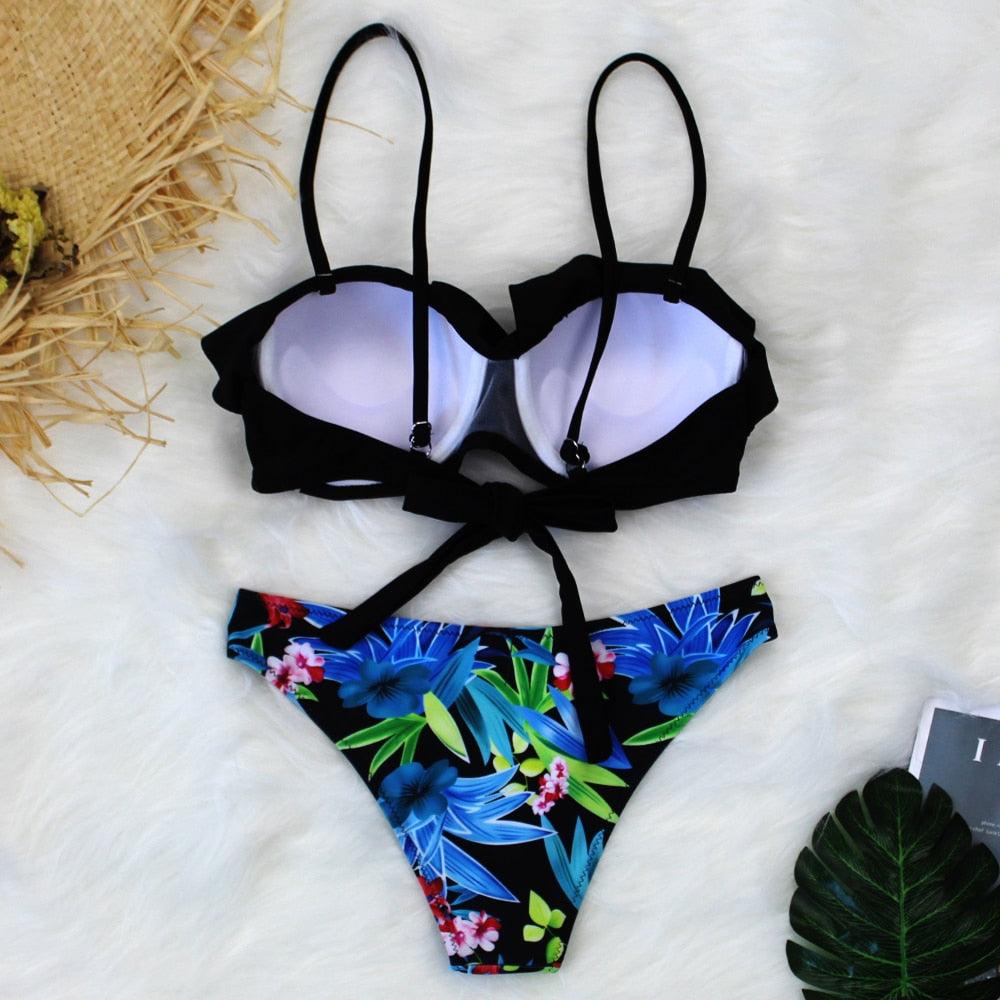 Female Two Piece Swimsuit Low Waist Bikini Floral Printing Swimwear Push Up Bathing Suit Detachable Padded Push Up Striped Bikini Set Two Piece Swimsuit Ladies Vintage Lace Bikini Sets Beach Swimwear