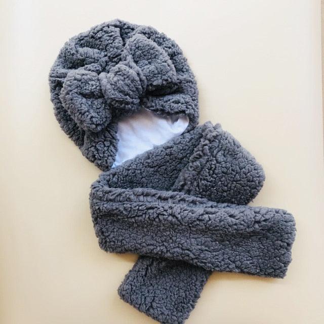Baby Cotton Hat Autumn Winter Children Scarf Hat Sets Bowknot Ear Baby Girl Boy Warm Beanies Cap Neck Warmer Scarf Fleece Balaclava Hood Ski Mask Cold Weather Face Mask Neck Warmer Winter Nose Warmer