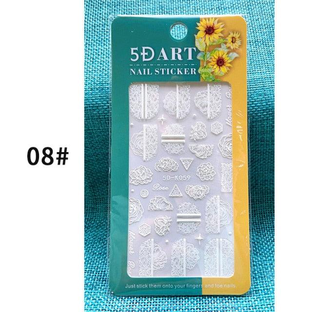 White Embossed Flower Lace 5D Sticker Decal Wedding Nail Art Designs Floral Flower Transfer Decal Geometry 3D Wave Design Decoration for Women Girls Tape Nail Art Stickers Decal Decoration Geometry Transfer Decals Nail Art Decorations Decoration Decal