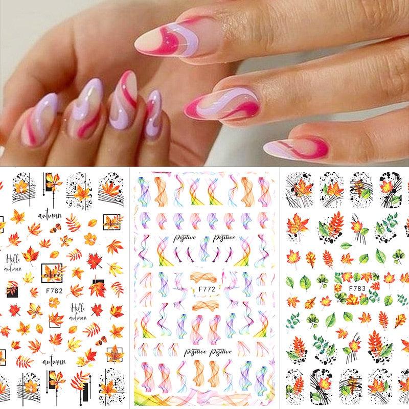Flowers Leaves Line 3D Nail Stickers Autumn Winter Fall Leaf Design Transfer Sliders Abstract Waves Nail Art Decals Manicures Decal Self-Adhesive 3D Wave Design Decoration for Women Girls Tape Nail Art Stickers Decal Decoration