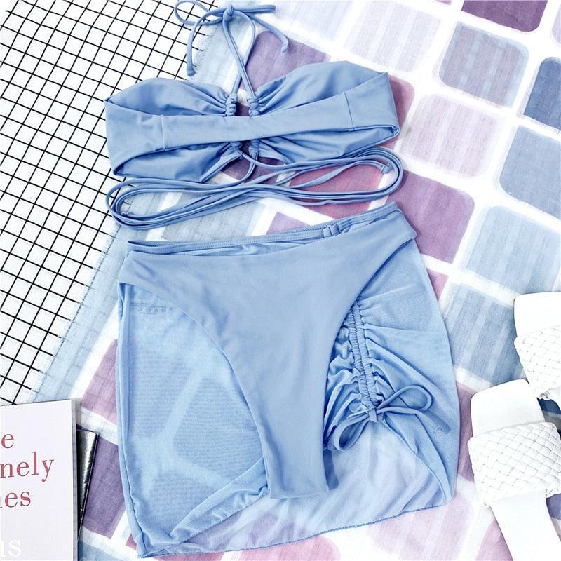 Halter Hollow Cross Bikinis Set Swimsuit Women's New Solid Two-Piece Swimwear Two Piece Swimsuit Halter Crisscross Cut Out Bikini Wrap Top with High Waist Bottom Beach Swimwear Summer Beachwear Woman Bath Bathing Suit