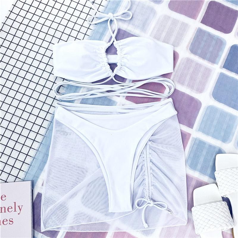 Halter Hollow Cross Bikinis Set Swimsuit Women's New Solid Two-Piece Swimwear Two Piece Swimsuit Halter Crisscross Cut Out Bikini Wrap Top with High Waist Bottom Beach Swimwear Summer Beachwear Woman Bath Bathing Suit
