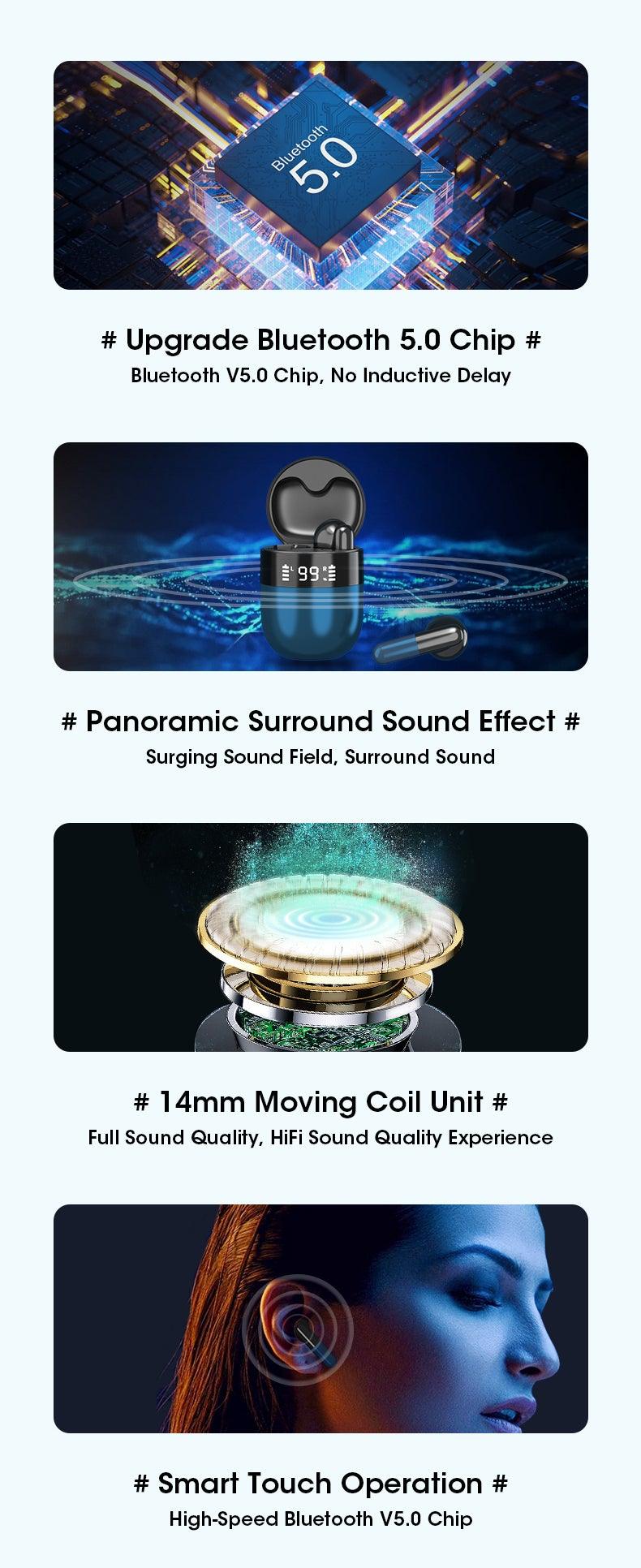 Sports WearableWireless Headphones Fast Conecting Music Sweatproof Wireless Earbuds Smart LED Display Bluetooth Earphones HD Call Headphone With Microphone Touch Control Waterproof Headset With Charging Case 300mAH