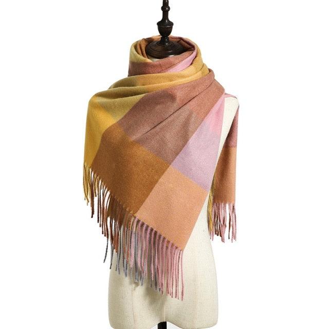 Luxury Fashion Autumn Winter Soft Warm Scarf Plaid Colorful Hijabs Cashmere Scarves Warm Soft Bandana Women's Lightweight Scarves Elegant Echarpe Escharpe Soft Wool Elegant Tassel For Women
