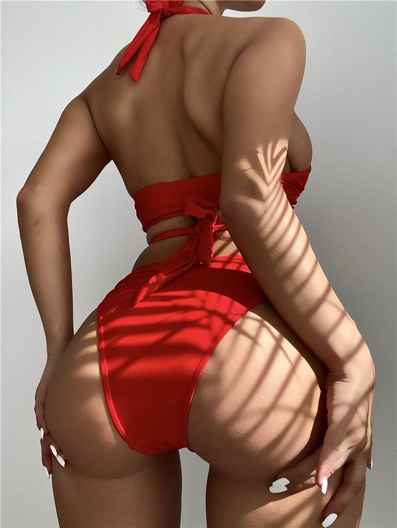 Halter Hollow Cross Bikinis Set Swimsuit Women's New Solid Two-Piece Swimwear Two Piece Swimsuit Halter Crisscross Cut Out Bikini Wrap Top with High Waist Bottom Beach Swimwear Summer Beachwear Woman Bath Bathing Suit