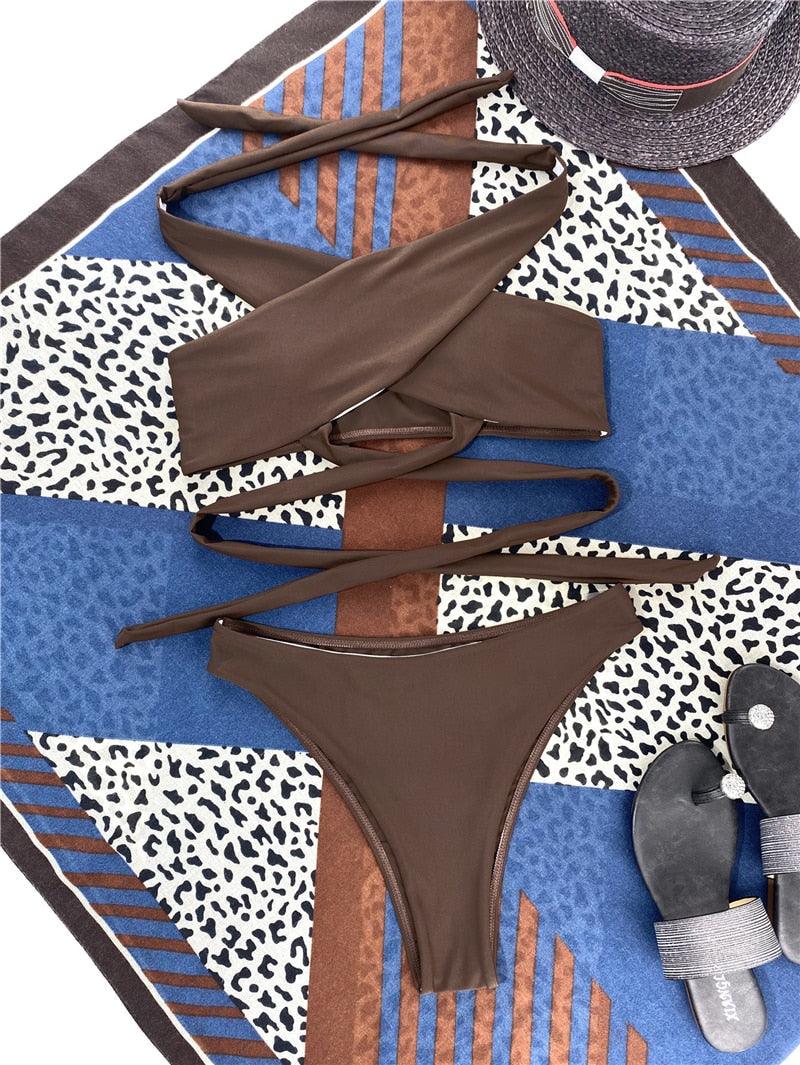 Halter Hollow Cross Bikinis Set Swimsuit Women's New Solid Two-Piece Swimwear Two Piece Swimsuit Halter Crisscross Cut Out Bikini Wrap Top with High Waist Bottom Beach Swimwear Summer Beachwear Woman Bath Bathing Suit