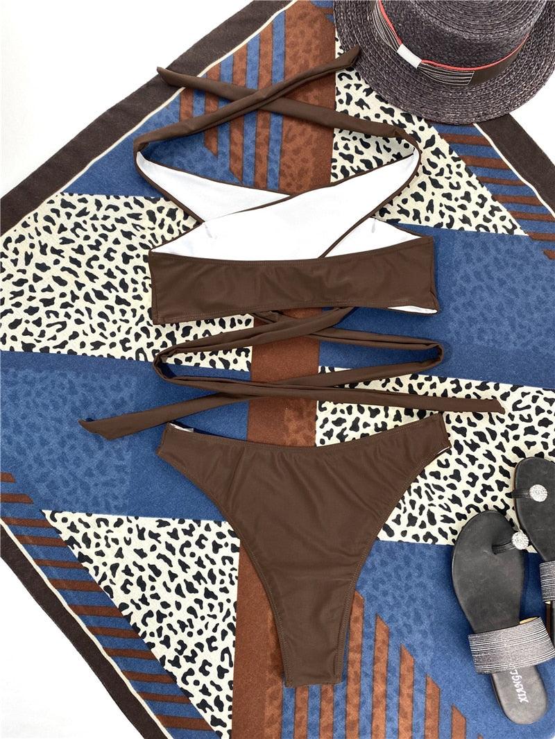 Halter Hollow Cross Bikinis Set Swimsuit Women's New Solid Two-Piece Swimwear Two Piece Swimsuit Halter Crisscross Cut Out Bikini Wrap Top with High Waist Bottom Beach Swimwear Summer Beachwear Woman Bath Bathing Suit