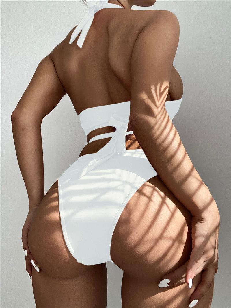 Halter Hollow Cross Bikinis Set Swimsuit Women's New Solid Two-Piece Swimwear Two Piece Swimsuit Halter Crisscross Cut Out Bikini Wrap Top with High Waist Bottom Beach Swimwear Summer Beachwear Woman Bath Bathing Suit