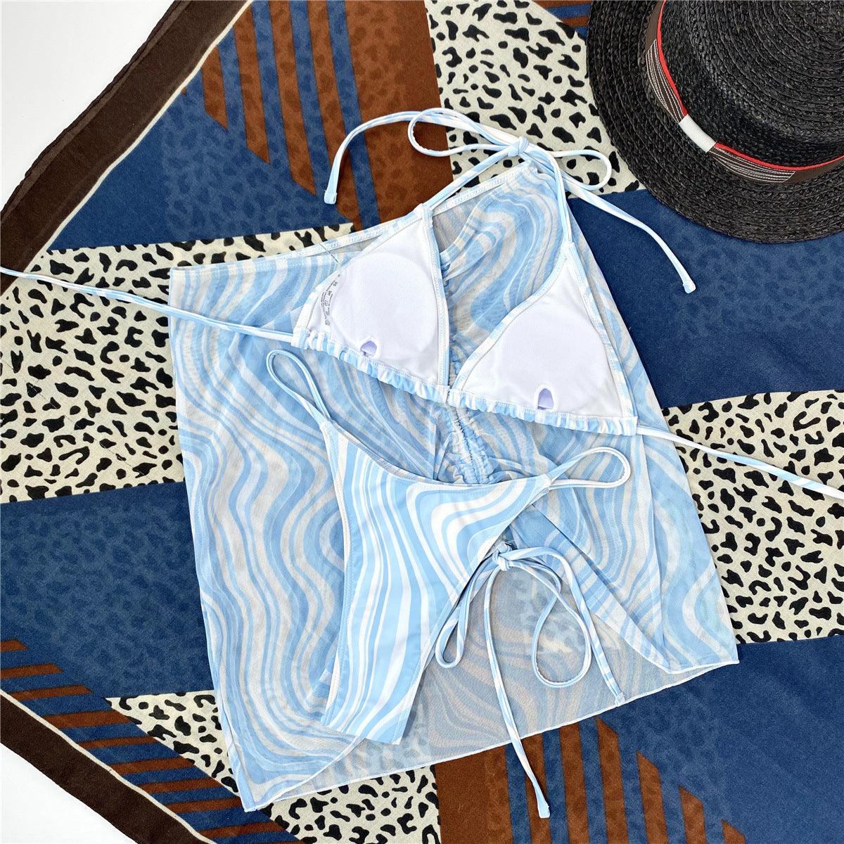 Modern Print Bikini Triangle Swimsuit Bikini 3 Piece Set Women's Swimsuit with Short Mesh Sheer Wrap Cover Ups Beach Skirt Bathing Suit Women Halter Swimwear Women Skirt 3 Pieces Set Elegant Bathing Suit Beach Wear