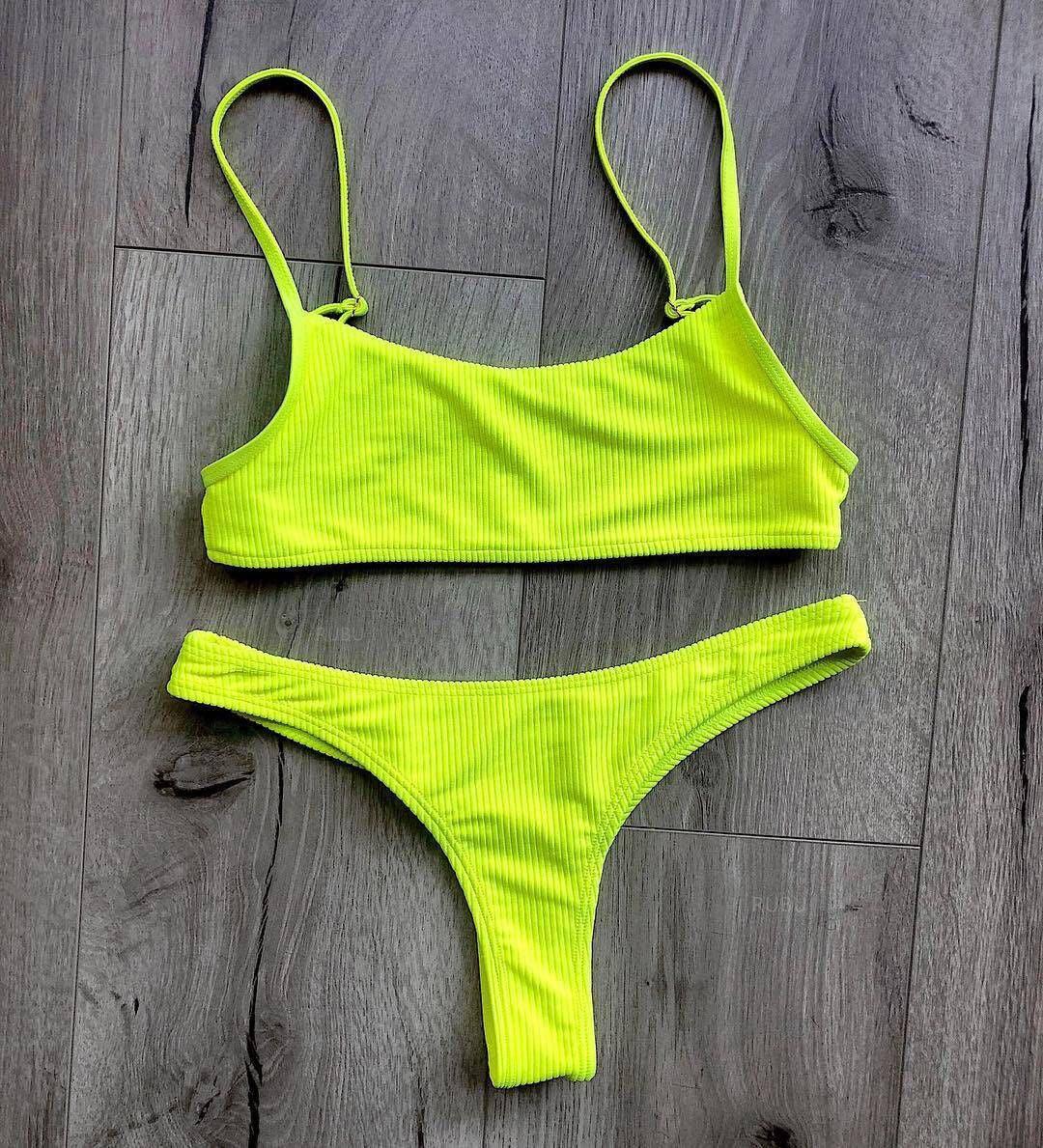Neon Yellow Green Swimsuit Women Push Up Padded Micro Bikini Summer Beach Bathing Suit Beach Swimwear Women's Scoop Neck Cut Out Front Lace Up Back High Cut One Piece Swimsuit