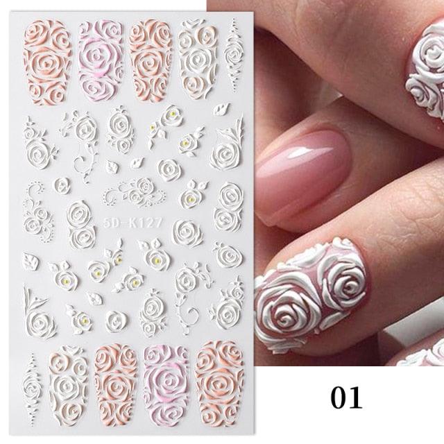 White Embossed Flower Lace 5D Sticker Decal Wedding Nail Art Designs Floral Flower Transfer Decal Geometry 3D Wave Design Decoration for Women Girls Tape Nail Art Stickers Decal Decoration Geometry Transfer Decals Nail Art Decorations Decoration Decal
