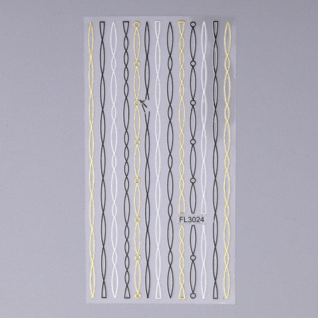 Black White 3D Nail Stickers Metal Gold Silver Geometric Tassel Strip Line Adhesive Transfer Decals Nail Art Design Gold Silver Metal Nail Sticker Metallic Curve Strip Line Nail Decal Self-Adhesive 3D Wave Design Nail Tips Decorations Manicure for Women
