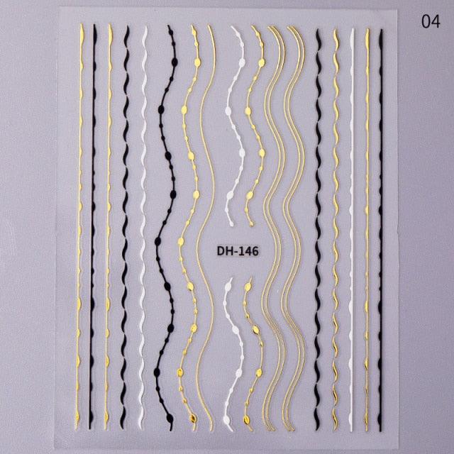 Black White 3D Nail Stickers Metal Gold Silver Geometric Tassel Strip Line Adhesive Transfer Decals Nail Art Design Gold Silver Metal Nail Sticker Metallic Curve Strip Line Nail Decal Self-Adhesive 3D Wave Design Nail Tips Decorations Manicure for Women