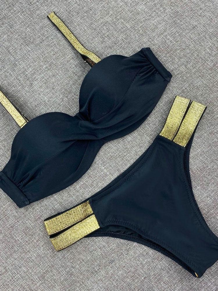 Bikini Sets Solid Color Swimsuit Mid-Waist Gather Cup Bikinis Women Swimwear Female Bathing Suits Beach wear Two Piece Swimsuits Triangle Bikini swimsuits for Women