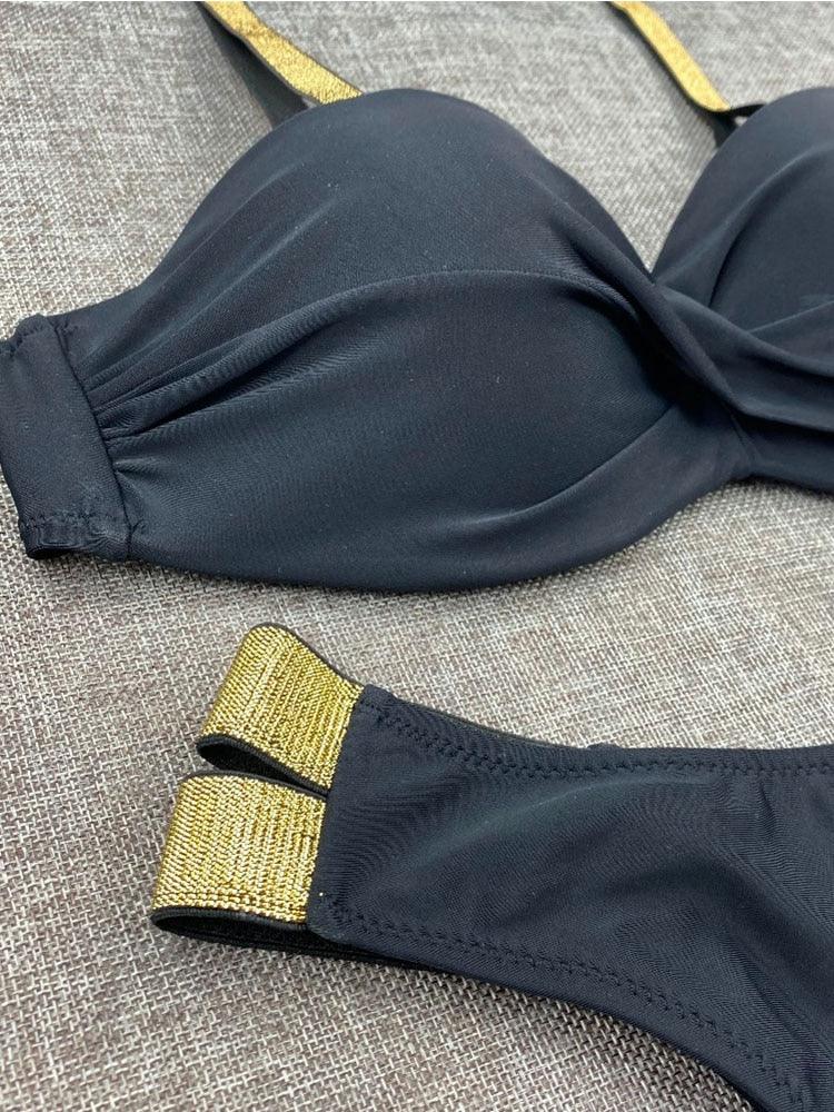 Bikini Sets Solid Color Swimsuit Mid-Waist Gather Cup Bikinis Women Swimwear Female Bathing Suits Beach wear Two Piece Swimsuits Triangle Bikini swimsuits for Women