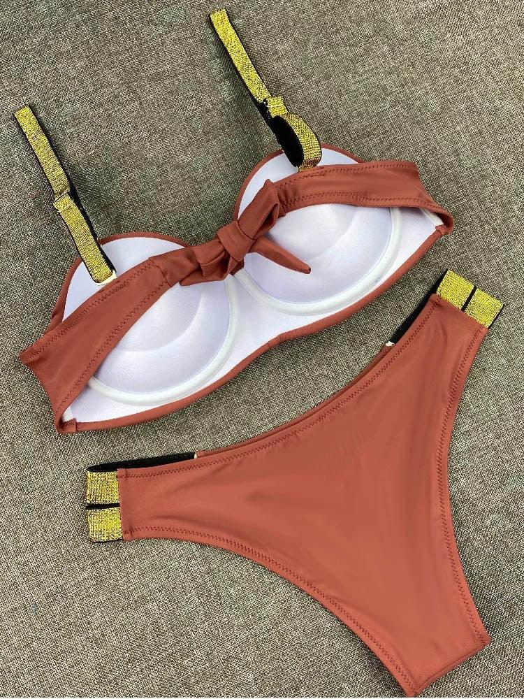 Bikini Sets Solid Color Swimsuit Mid-Waist Gather Cup Bikinis Women Swimwear Female Bathing Suits Beach wear Two Piece Swimsuits Triangle Bikini swimsuits for Women