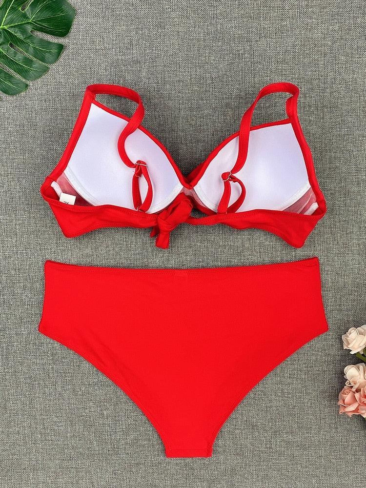 Bikini Sets Solid Color Swimsuit Mid-Waist Gather Cup Bikinis Women Swimwear Female Bathing Suits Beach wear Two Piece Swimsuits Triangle Bikini swimsuits for Women