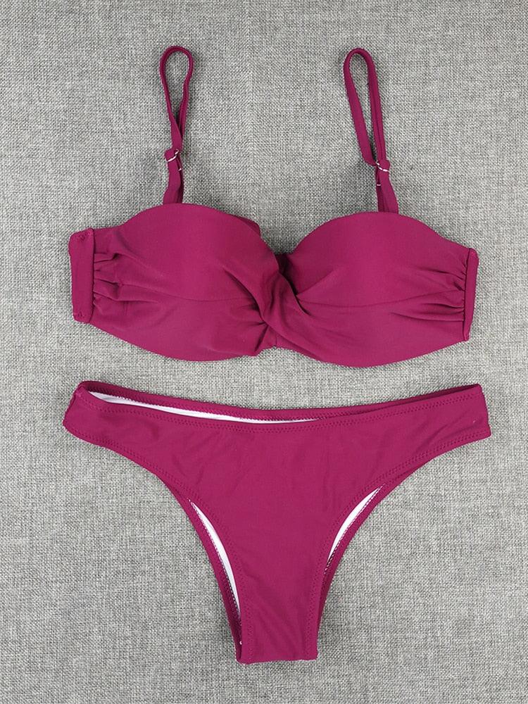 Bikini Sets Solid Color Swimsuit Mid-Waist Gather Cup Bikinis Women Swimwear Female Bathing Suits Beach wear Two Piece Swimsuits Triangle Bikini swimsuits for Women