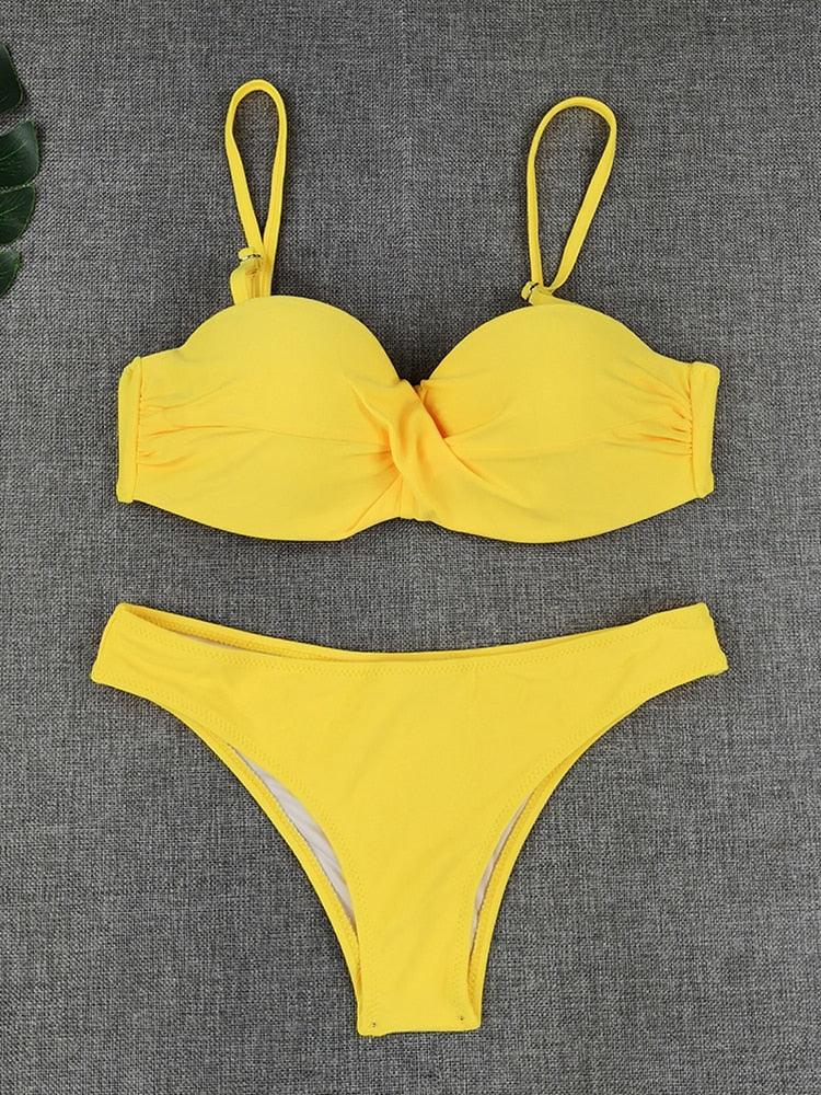 Bikini Sets Solid Color Swimsuit Mid-Waist Gather Cup Bikinis Women Swimwear Female Bathing Suits Beach wear Two Piece Swimsuits Triangle Bikini swimsuits for Women