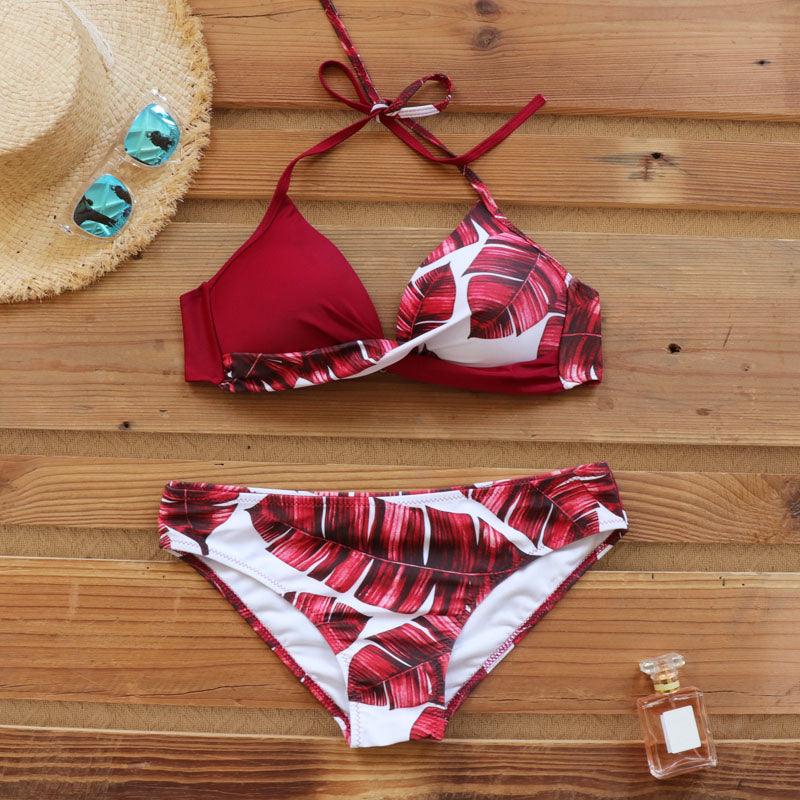 Push Up Women Bikinis Swimwear Women's Bathing Suits Push Up Halter Bandage Bikini Floral Printing Swim Bottoms Two Piece Swimsuits Women Swimsuits Bathing Suit Halter Leaf Print Beach Wear Plus Size