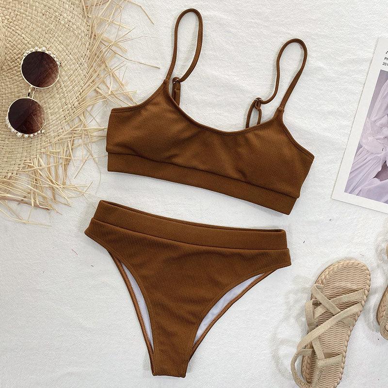 High Waist Bikini Swimsuits Women Push Up Swimwear Ribbed Bathing Suit Strap Bikinis Set Beachwear High Waist Bathing Suit Full Coverage Two Piece Swimsuit
