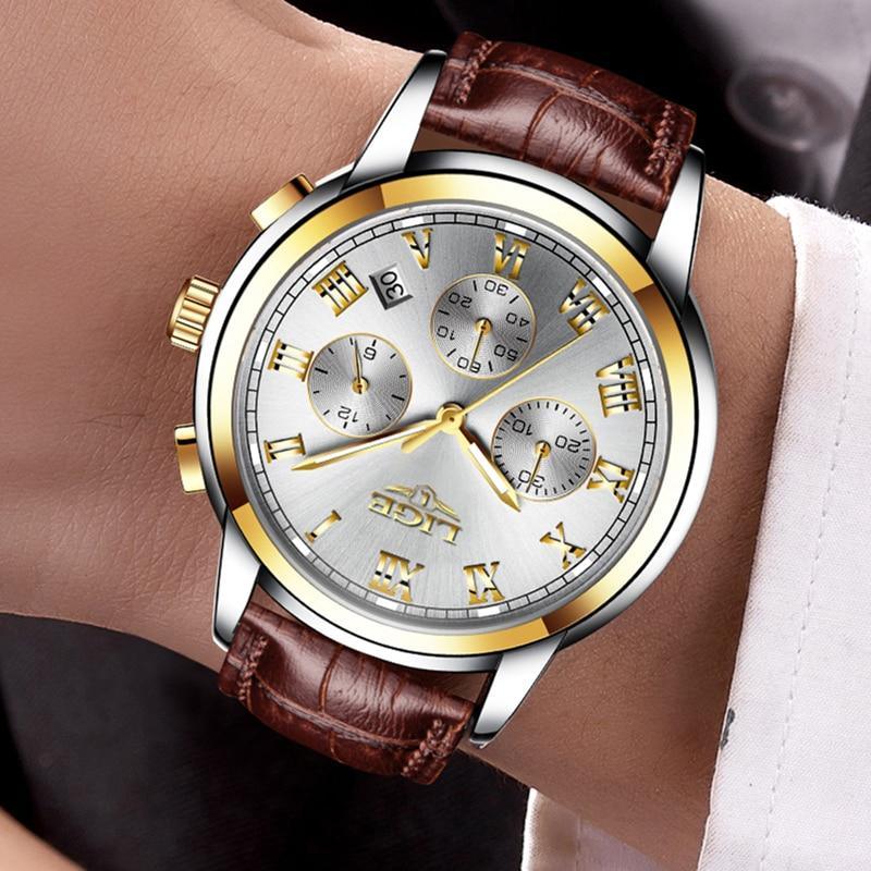 Men's Elegant Watch With Chronometers And Leather Belts Business Style Perfect Gift Excellent Look