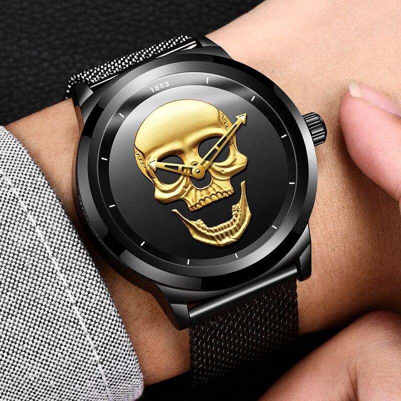 Men's Waterproof Stainless Steel Watch 3D Skull And Fluorescent Hands Unique Design Perfect Gift