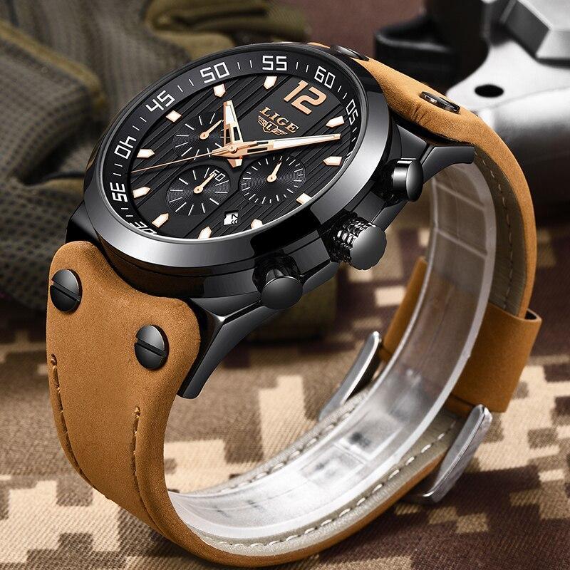 Men's Waterproof Watch With Leather Belts, Chronometers And Day Display Fluorescent Pointers Excellent Gift Unique Design