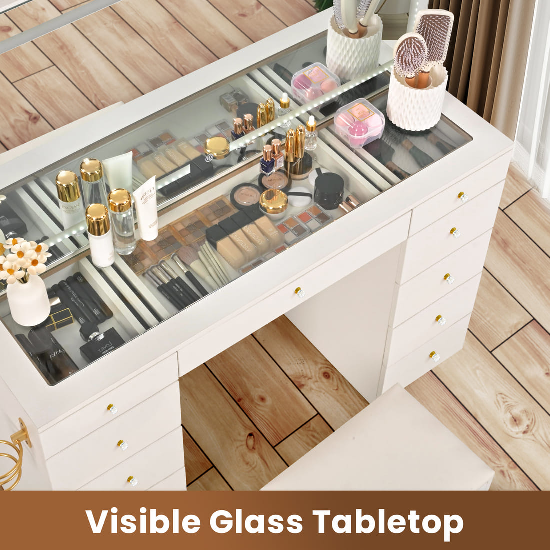 11-Drawer Vanity Desk with LED Mirror & Glass Top, Crystal Knobs