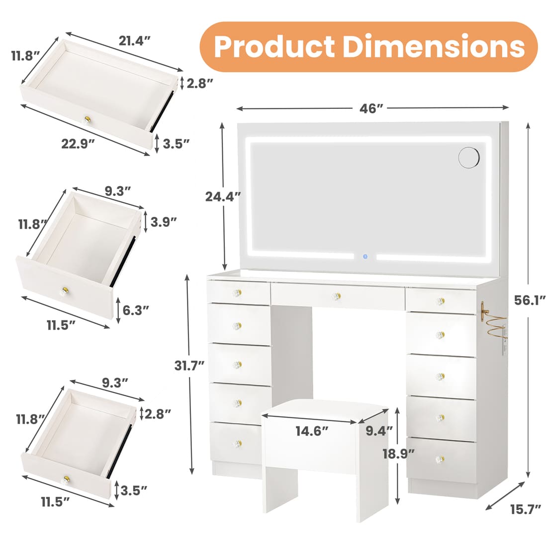 11-Drawer Vanity Desk with LED Mirror & Glass Top, Crystal Knobs