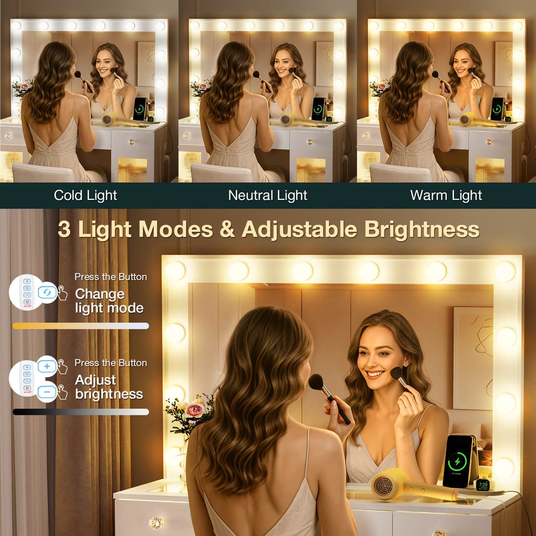 Pamapic Makeup Vanity Desk with Mirror & 12 LED Bulbs