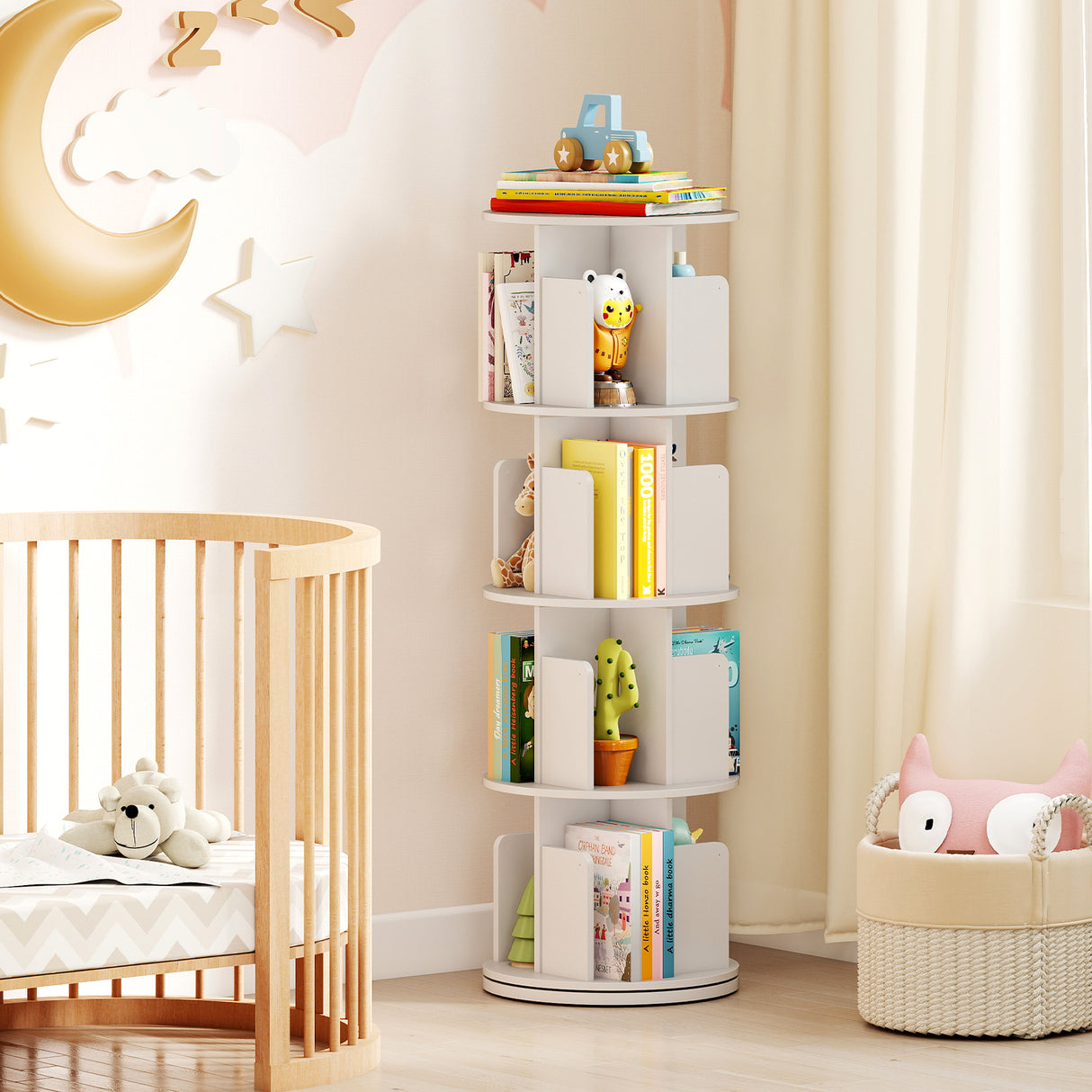 4-Tier Rotating Bookshelf 360 ° Display Rack with Dividers and Anti-falling Baffles-White