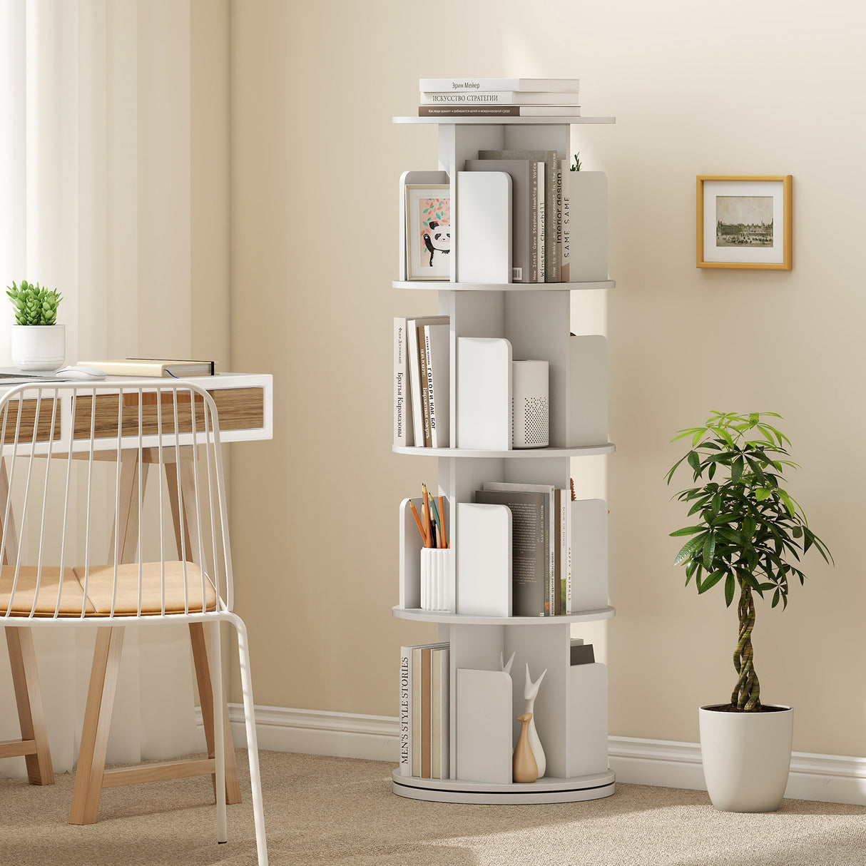 4-Tier Rotating Bookshelf 360 ° Display Rack with Dividers and Anti-falling Baffles-White