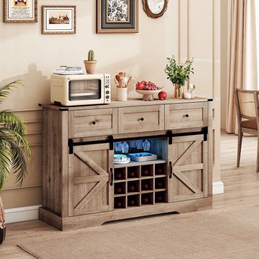 52 Inches Wine Bar Cabinet with LED Lights and Sliding Barn Doors-Light Gray