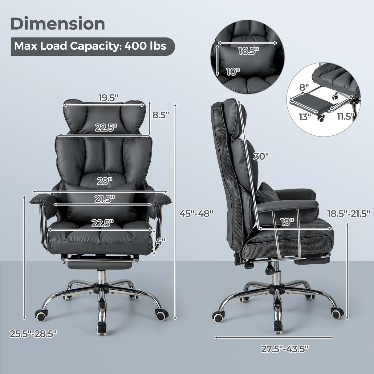 Big and Tall Executive Office Desk Chair with Footrest-Black