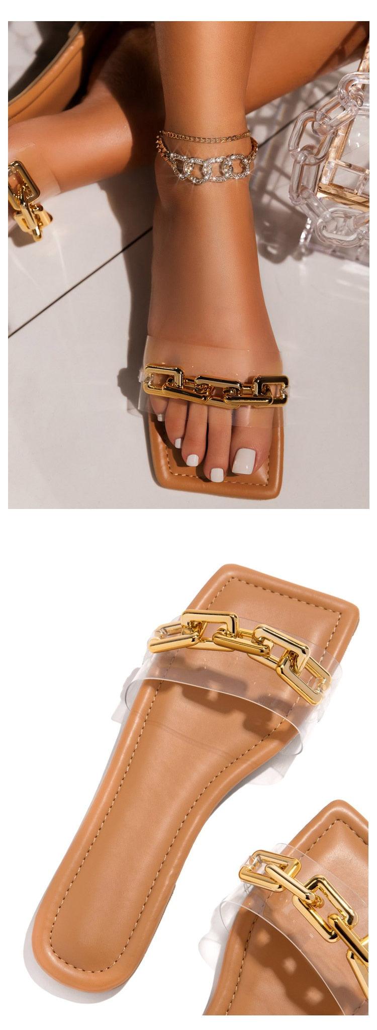 Purple Women's Slippers Summer Gold Chain Luxury Square Head Flat Heel Outdoor Beach Women Slides Sandals Leather Flat Sandals Strap Slides With Chain Open Toe Summer Slippers