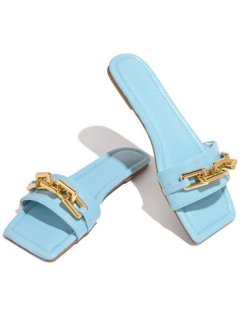 Purple Women's Slippers Summer Gold Chain Luxury Square Head Flat Heel Outdoor Beach Women Slides Sandals Leather Flat Sandals Strap Slides With Chain Open Toe Summer Slippers
