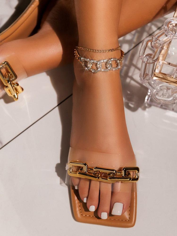 Purple Women's Slippers Summer Gold Chain Luxury Square Head Flat Heel Outdoor Beach Women Slides Sandals Leather Flat Sandals Strap Slides With Chain Open Toe Summer Slippers