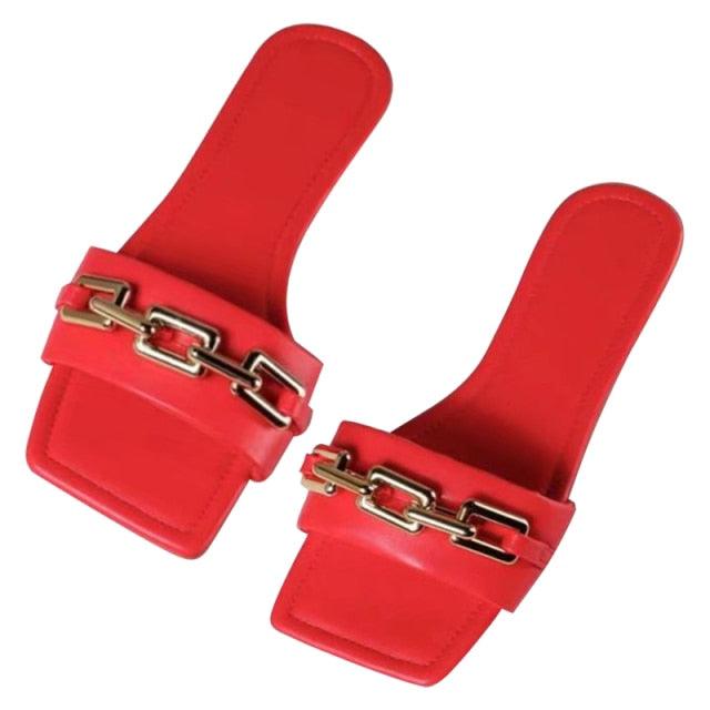 Purple Women's Slippers Summer Gold Chain Luxury Square Head Flat Heel Outdoor Beach Women Slides Sandals Leather Flat Sandals Strap Slides With Chain Open Toe Summer Slippers