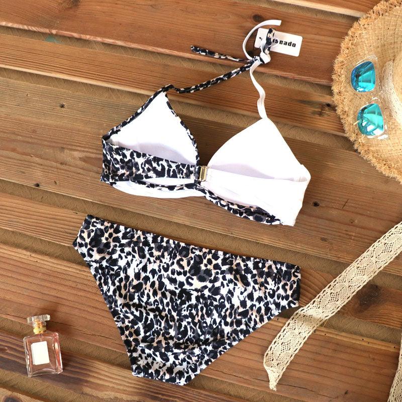 Push Up Women Bikinis Swimwear Women's Bathing Suits Push Up Halter Bandage Bikini Floral Printing Swim Bottoms Two Piece Swimsuits Women Swimsuits Bathing Suit Halter Leaf Print Beach Wear Plus Size