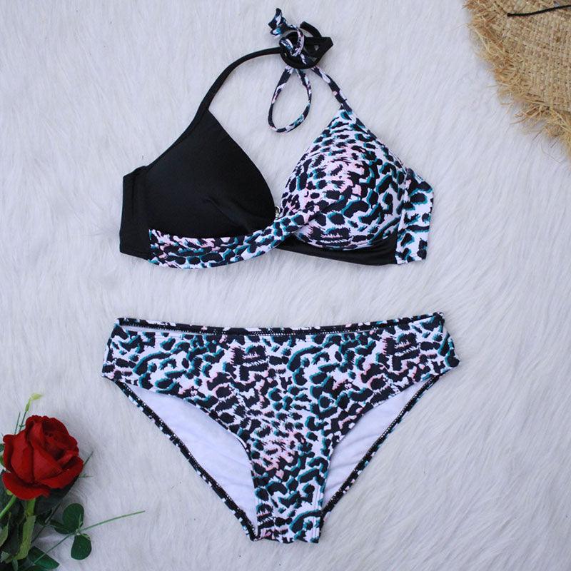 Push Up Women Bikinis Swimwear Women's Bathing Suits Push Up Halter Bandage Bikini Floral Printing Swim Bottoms Two Piece Swimsuits Women Swimsuits Bathing Suit Halter Leaf Print Beach Wear Plus Size