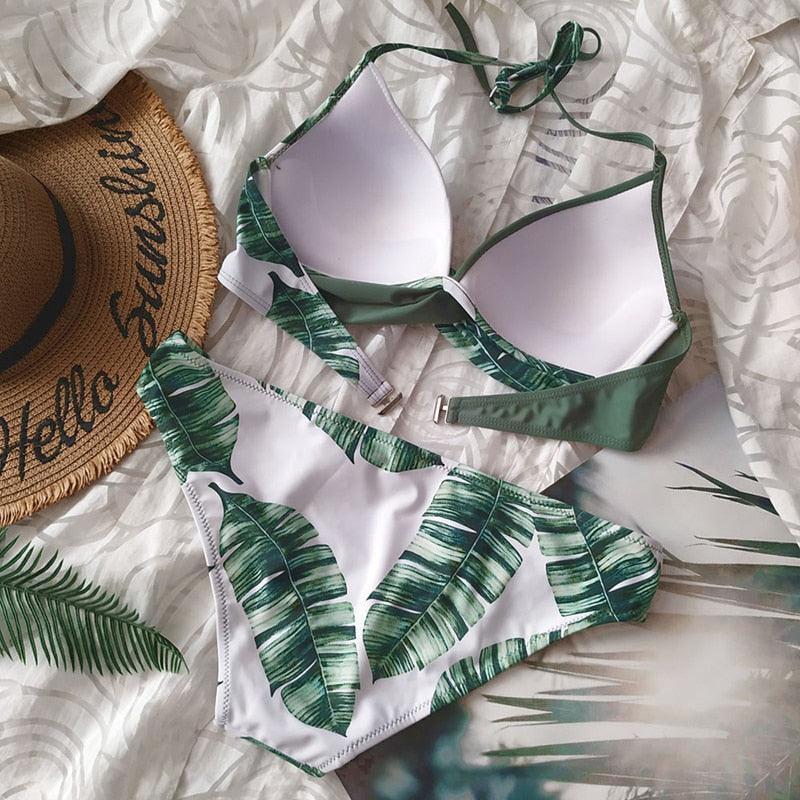 Push Up Women Bikinis Swimwear Women's Bathing Suits Push Up Halter Bandage Bikini Floral Printing Swim Bottoms Two Piece Swimsuits Women Swimsuits Bathing Suit Halter Leaf Print Beach Wear Plus Size