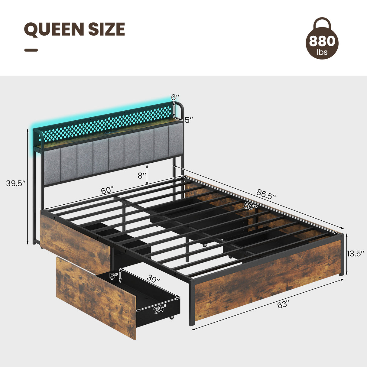 Twin/Full/Queen Bed Frame with LED Lights Upholstered Headboard and 4 Storage Drawers-Queen Size