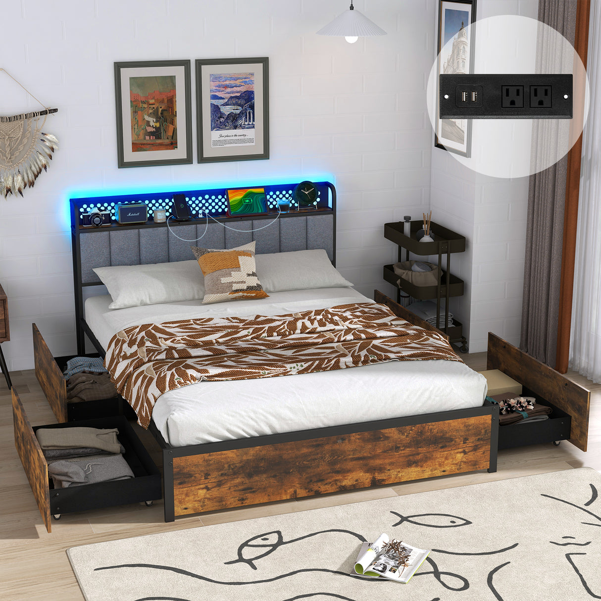 Twin/Full/Queen Bed Frame with LED Lights Upholstered Headboard and 4 Storage Drawers-Queen Size