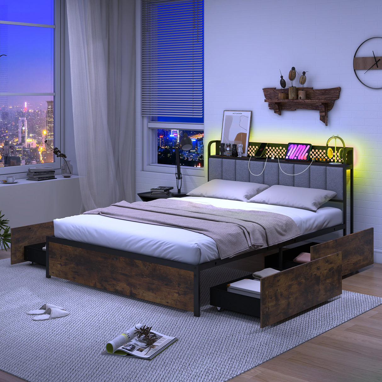 Twin/Full/Queen Bed Frame with LED Lights Upholstered Headboard and 4 Storage Drawers-Queen Size